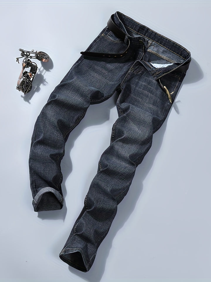 Regular Fit Jeans, Men's Casual Street Style Distressed Medium Stretch Denim Pants For All Seasons