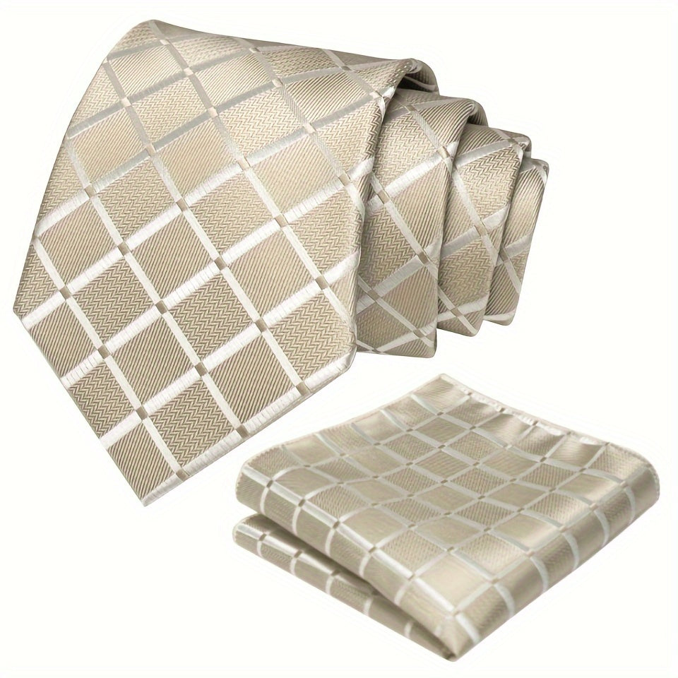 Men's Plaid Tie And Square Towel Set, Suitable For Daily Date Party Holiday Use