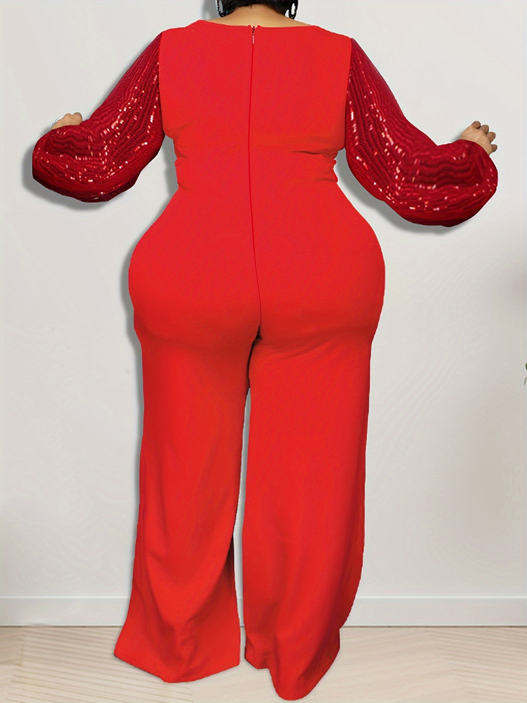 Plus Size Contrast Sequin Long Sleeve Wide Leg Jumpsuit, Women's Plus High Stretch Elegant Party Jumpsuit