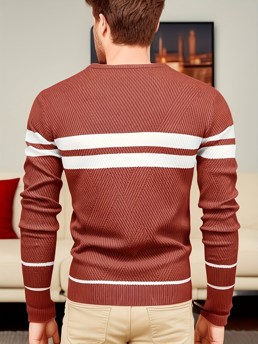 All-Match Striped Knitted Sweater, Men's Casual Warm High Stretch Crew Neck Pullover Sweater For Fall Winter