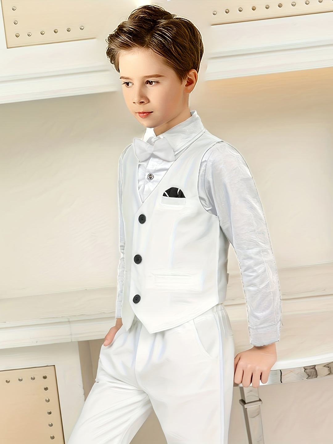 5pcs Boys Formal Gentleman Outfits Long Sleeve White Blazer&Bowtie&Shirt&Pants&Vest, Kids Clothing Set For Competition Performance Wedding Banquet Dress