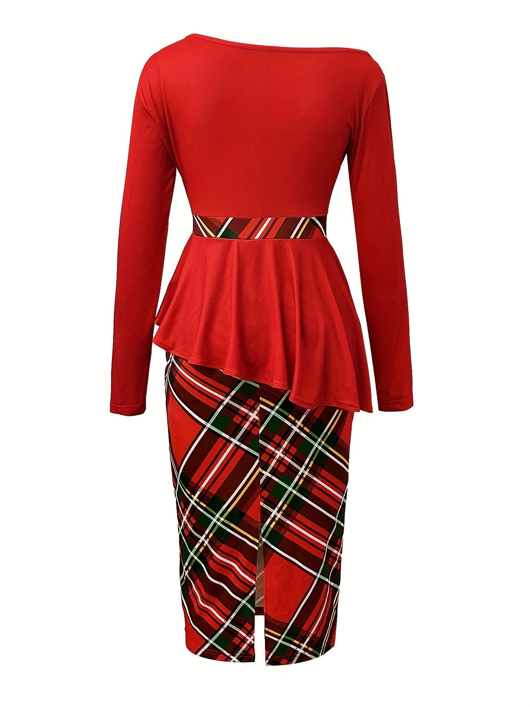 Plaid Print Patchwork Dress, Elegant Long Sleeve Color Block Dress, Women's Clothing