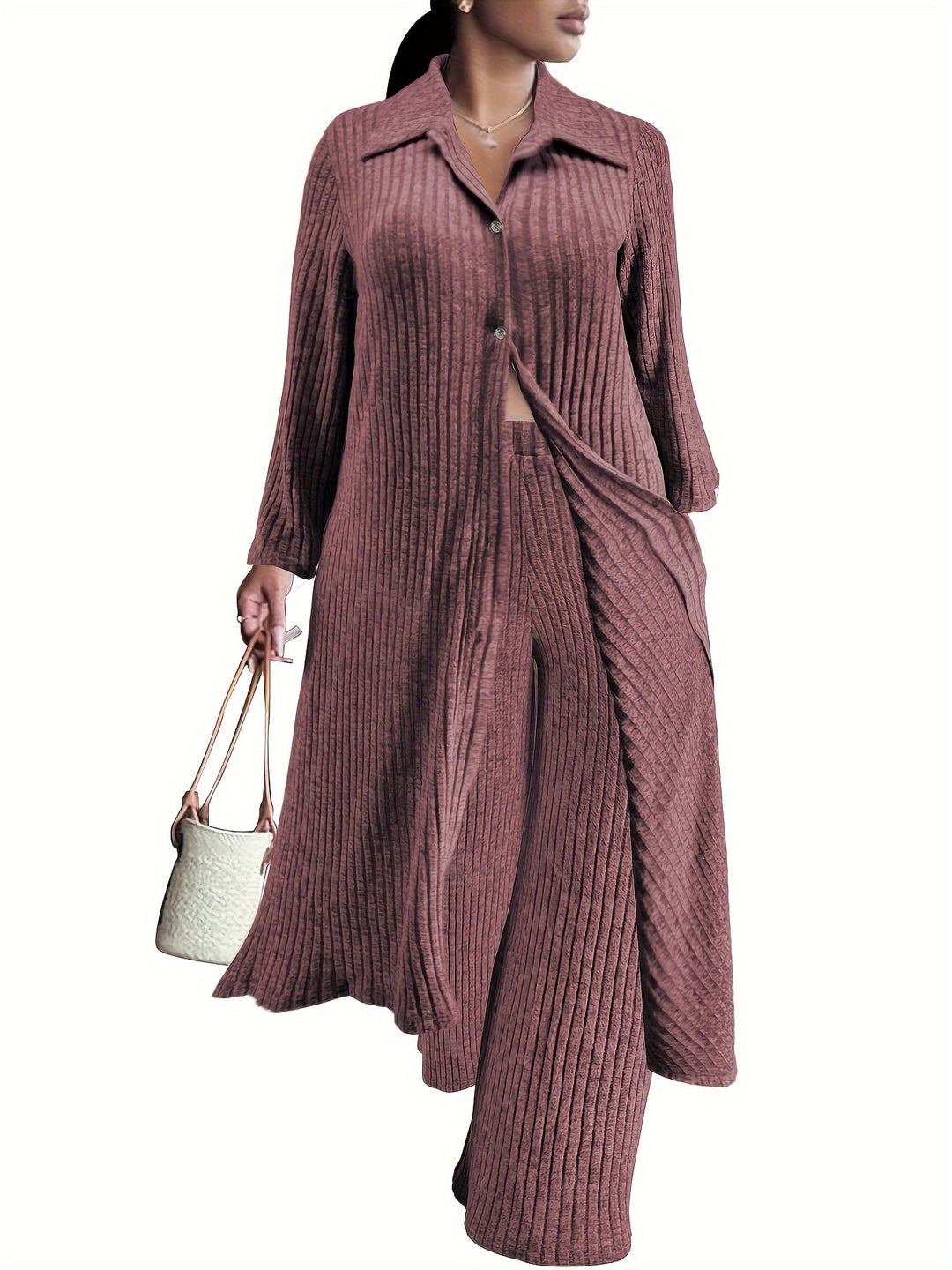 Plus Size Casual Outfits Two Piece Set, Women's Plus Solid Ribbed Button Up Long Sleeve Polo Neck Long Blouse & Wide Leg Pants Outfits 2 Piece Set