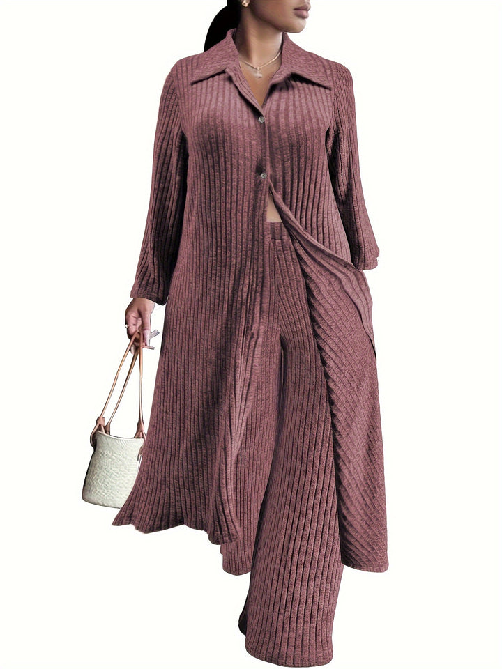 Plus Size Casual Outfits Two Piece Set, Women's Plus Solid Ribbed Button Up Long Sleeve Polo Neck Long Blouse & Wide Leg Pants Outfits 2 Piece Set