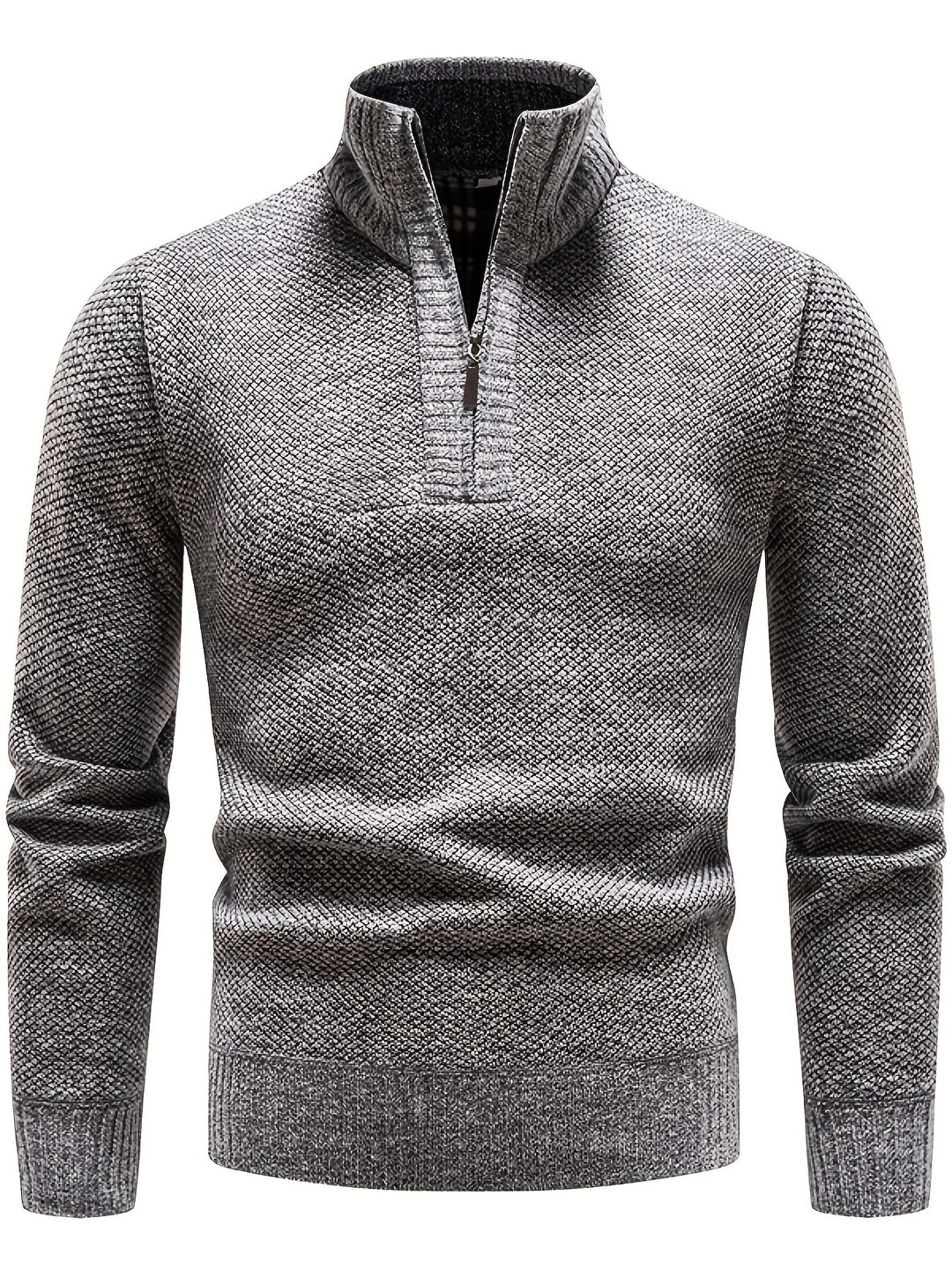 Warm Herringbone Twill Pullover Sweater, Men's Casual High Neck Mid Stretch Jacket Sweater For Fall Winter