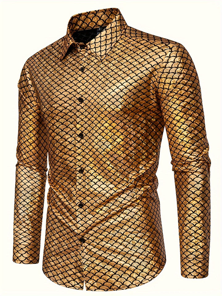 Fish Scales Sequin Men's Trendy Long Sleeve Button Up Shirt, Spring Fall, Party Dress