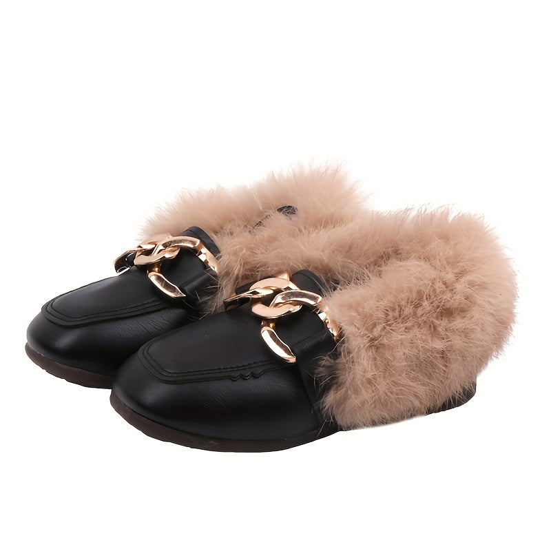 Girl's Furry Loafer Shoes, Solid Trendy Non Slip Soft Sole Thermal Sneakers, Winter & Autumn