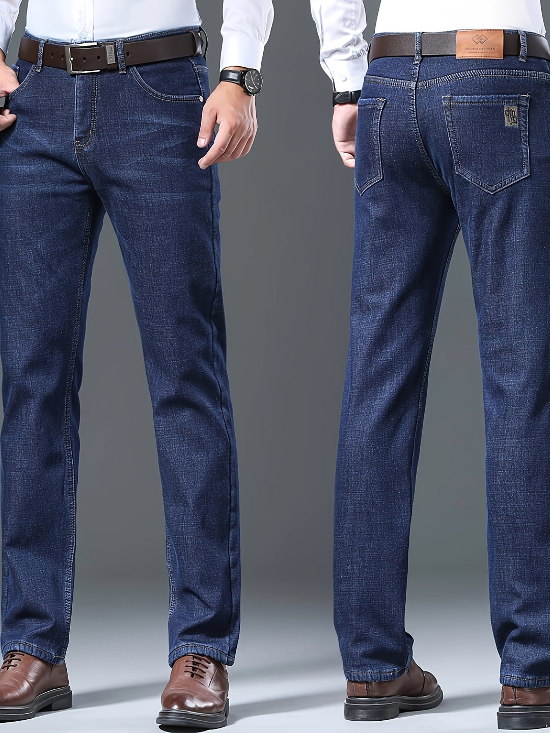 Men's Casual Warm Thick Jeans, Classic Design Stretch Straight Leg Jeans For Business