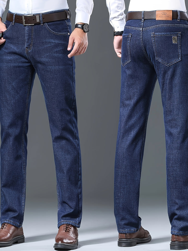 Men's Casual Warm Thick Jeans, Classic Design Stretch Straight Leg Jeans For Business