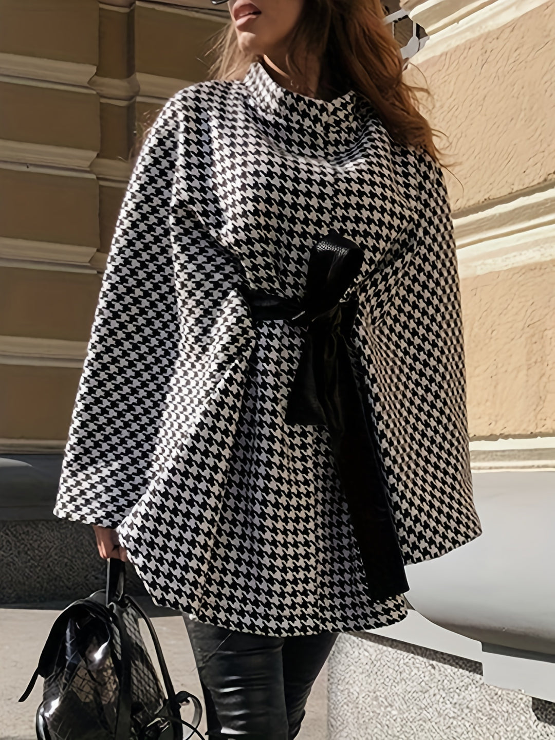 Houndstooth Print Cape Top, Casual Tie Front Loose Outerwear, Women's Clothing