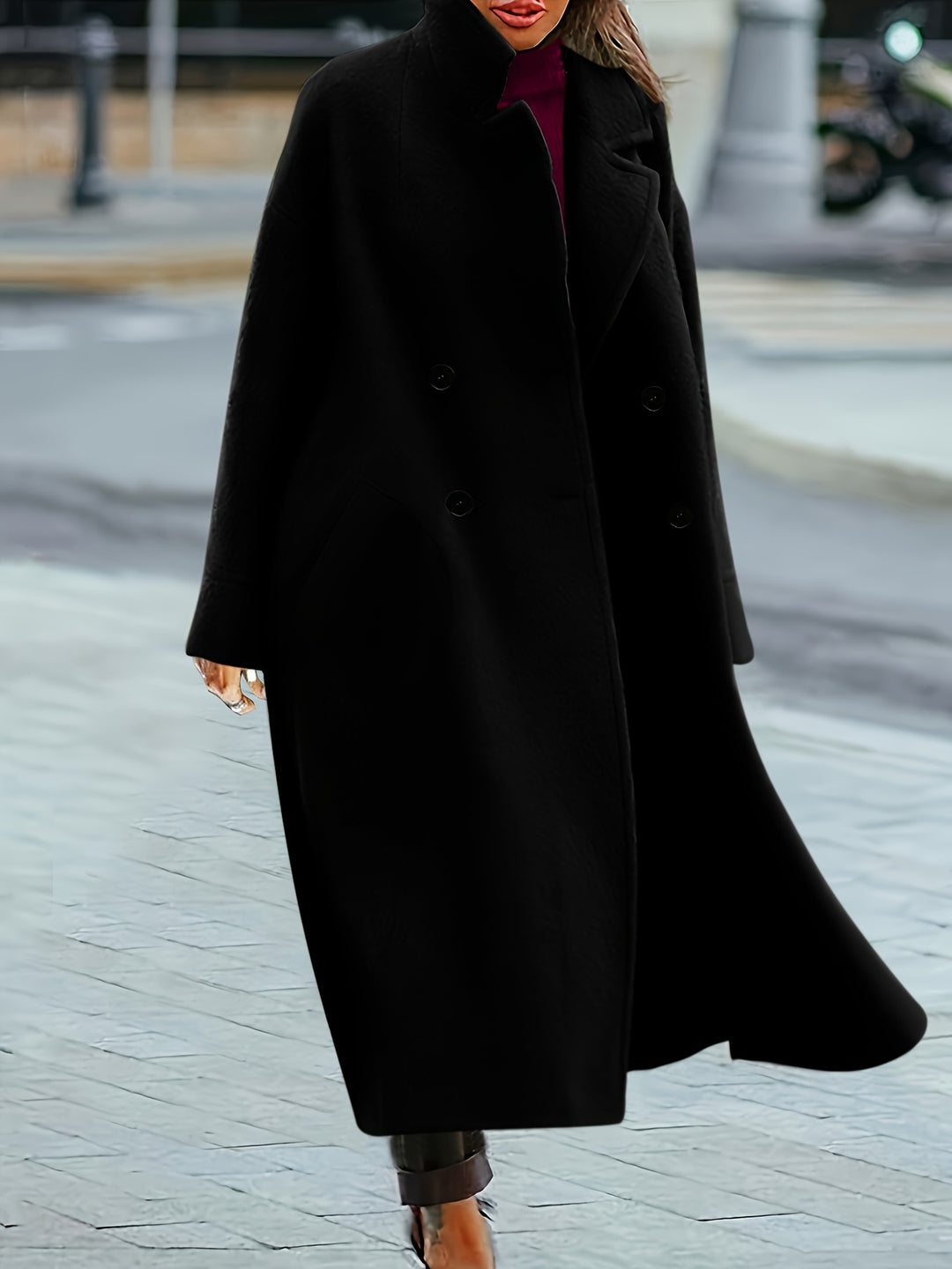 Solid Lapel Coat, Long Length Casual Outwear For Winter & Fall, Women's Clothing