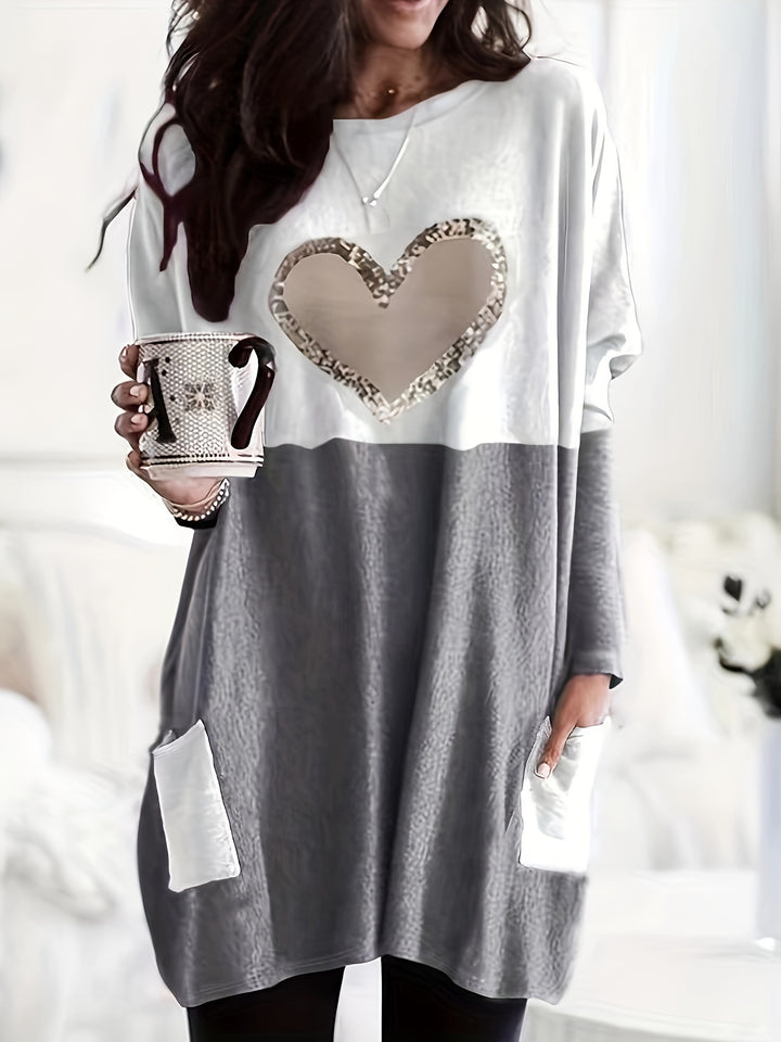 Plus Size Casual T-shirt, Women's Plus Colorblock Heart Print Drop Shoulder Long Sleeve Round Neck Tunic T-shirt With Pockets