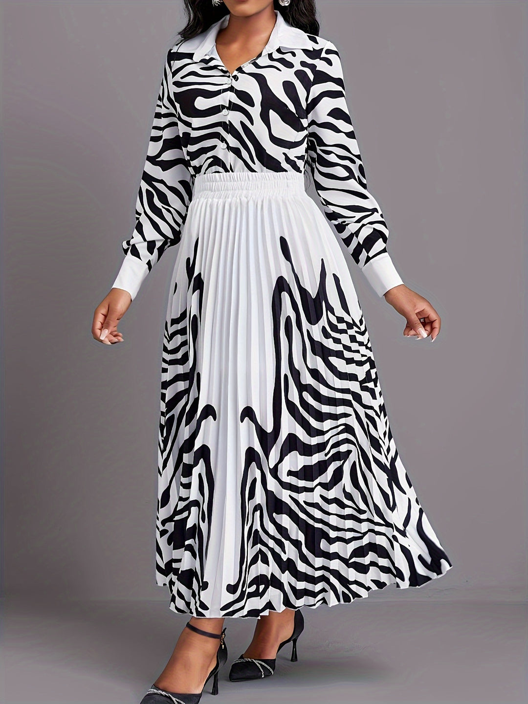 Graphic Print Two-piece Set, Boho Button Front Shirt & Pleated Skirt Outfits, Women's Clothing