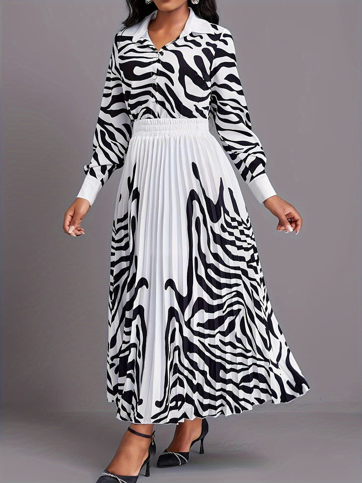 Graphic Print Two-piece Set, Boho Button Front Shirt & Pleated Skirt Outfits, Women's Clothing