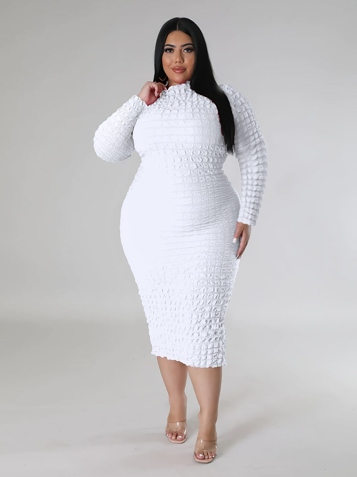 Plus Size Casual Dress, Women's Plus Solid Crinkle Long Sleeve High Neck Slim Fit Midi Dress