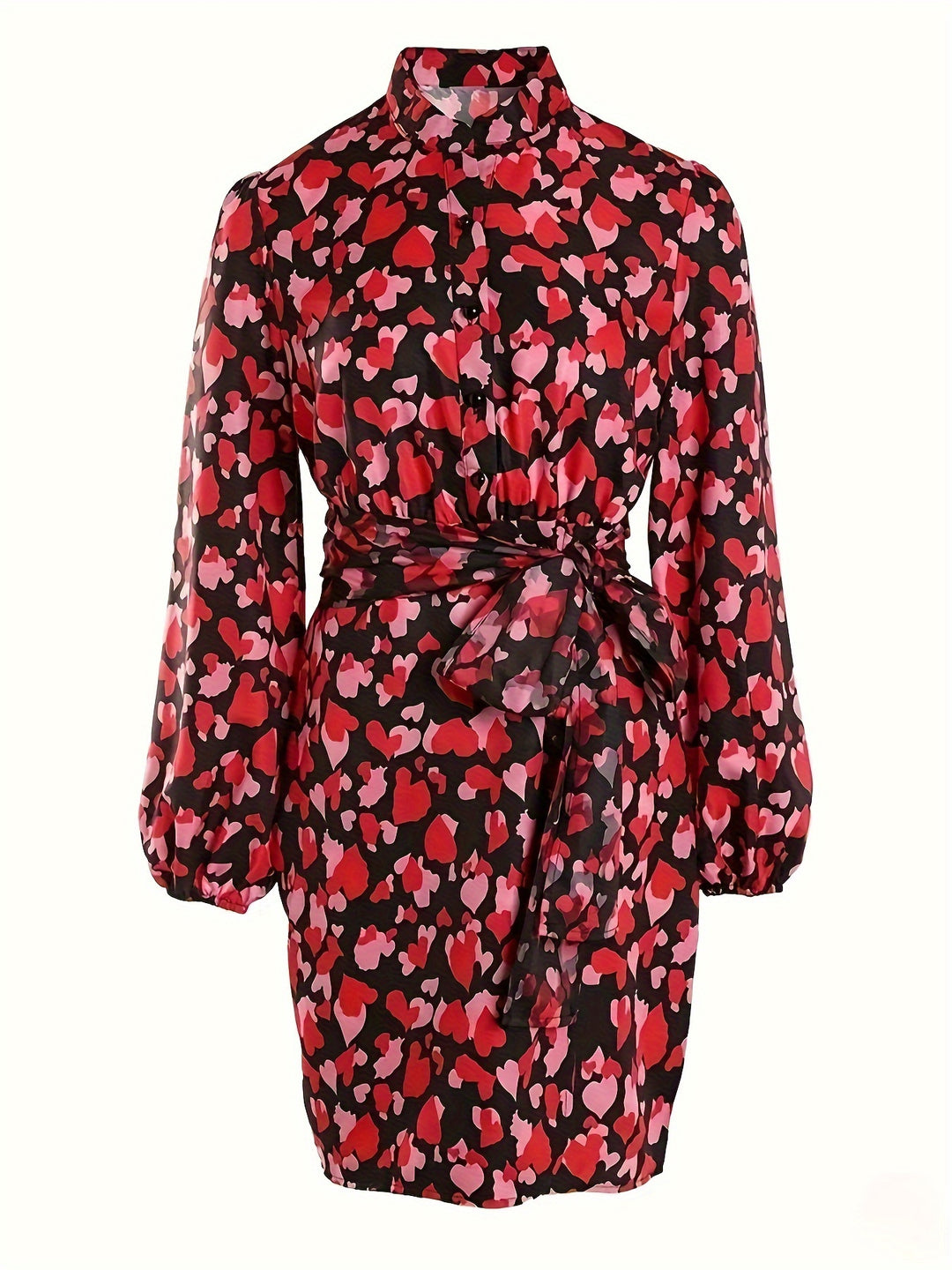 Plus Size Valentine's Day Casual Dress, Women's Plus Heart Print Lantern Sleeve Notched Neck Belted Dress