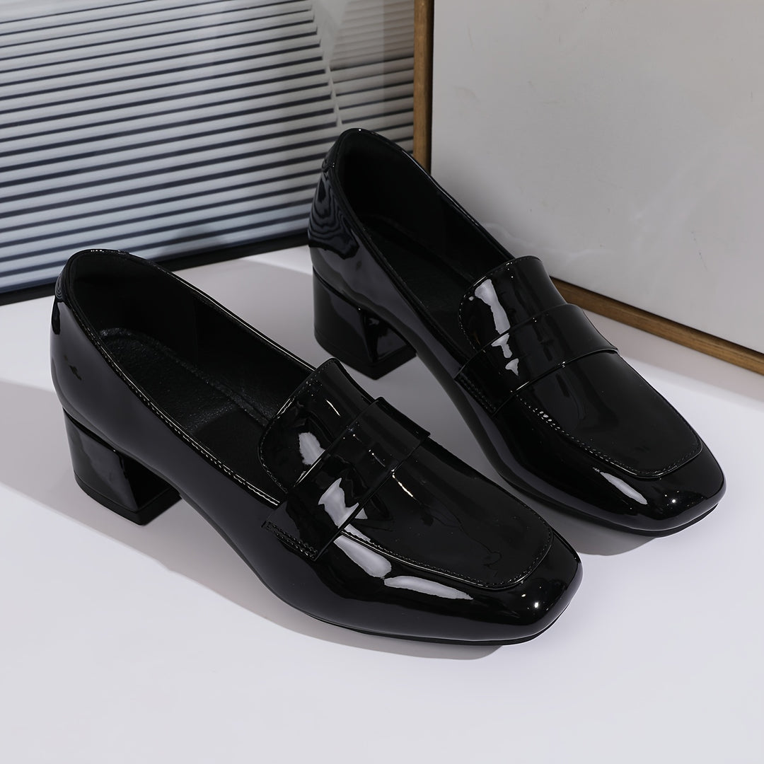 Women's Chunky Heeled Loafers, Solid Color Square Toe Patent Leather Pumps, All-Match Slip On Shoes