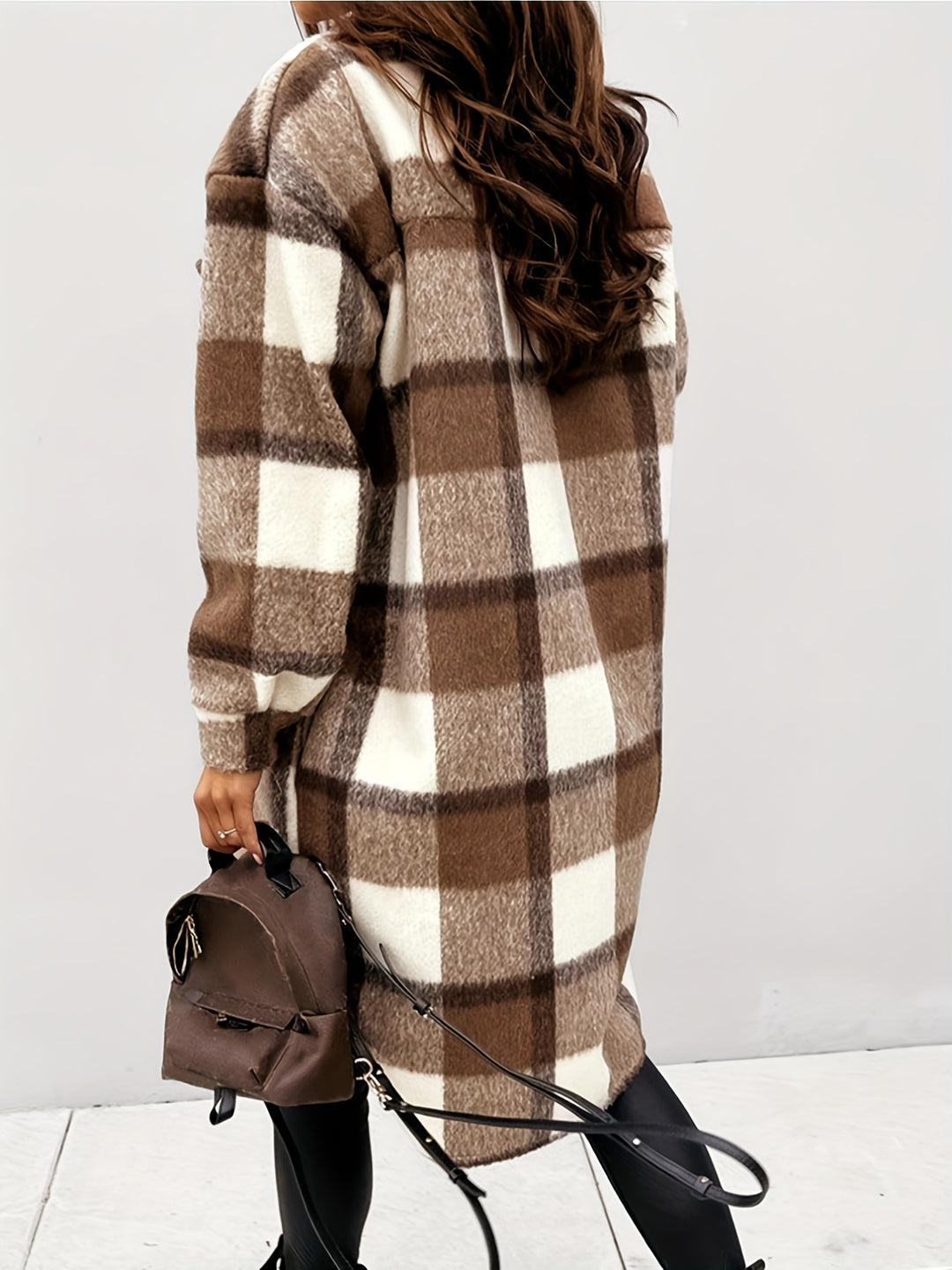 Plaid Print Shacket Jacket, Casual Button Front Turn Down Collar Long Sleeve Mid Length Outerwear, Women's Clothing