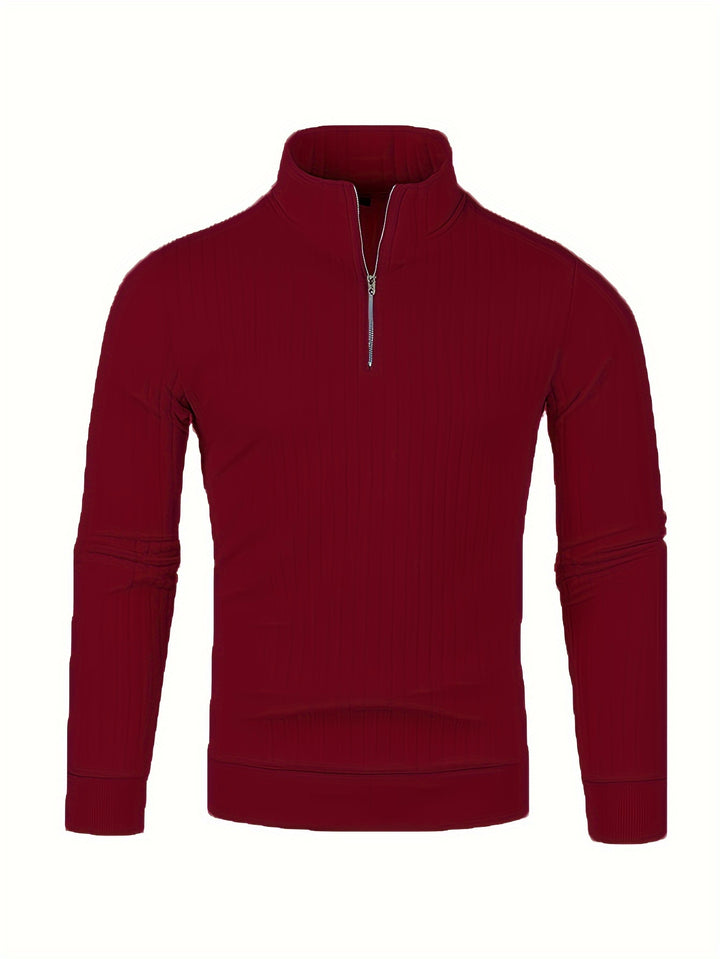 Ribbed Knitted Half Zipper Sweater, Men's Casual Warm Slightly Stretch Stand Collar Pullover Sweater For Men Fall Winter