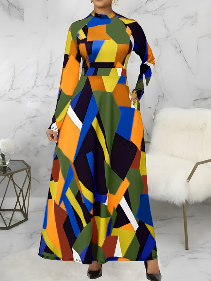 Plus Size Casual Dress, Women's Plus Colorblock Geometric Print Long Sleeve Mock Neck Maxi Dress With Pockets