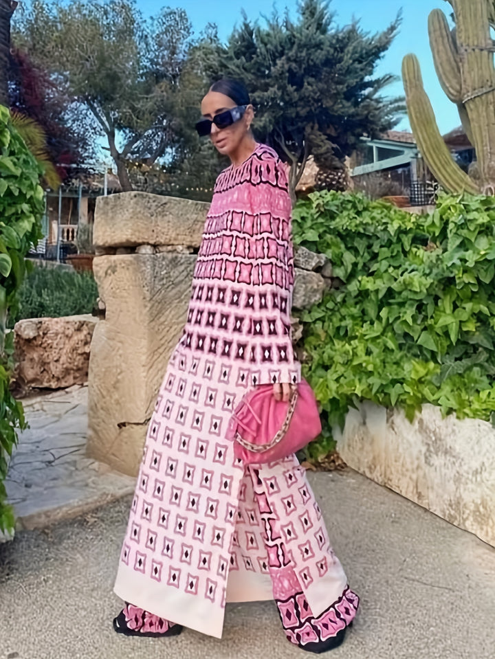 Plus Size Casual Outfits Set, Women's Plus Colorblock Geometric Print Long Sleeve Round Neck Dress & Pants Outfits 2 Piece Set