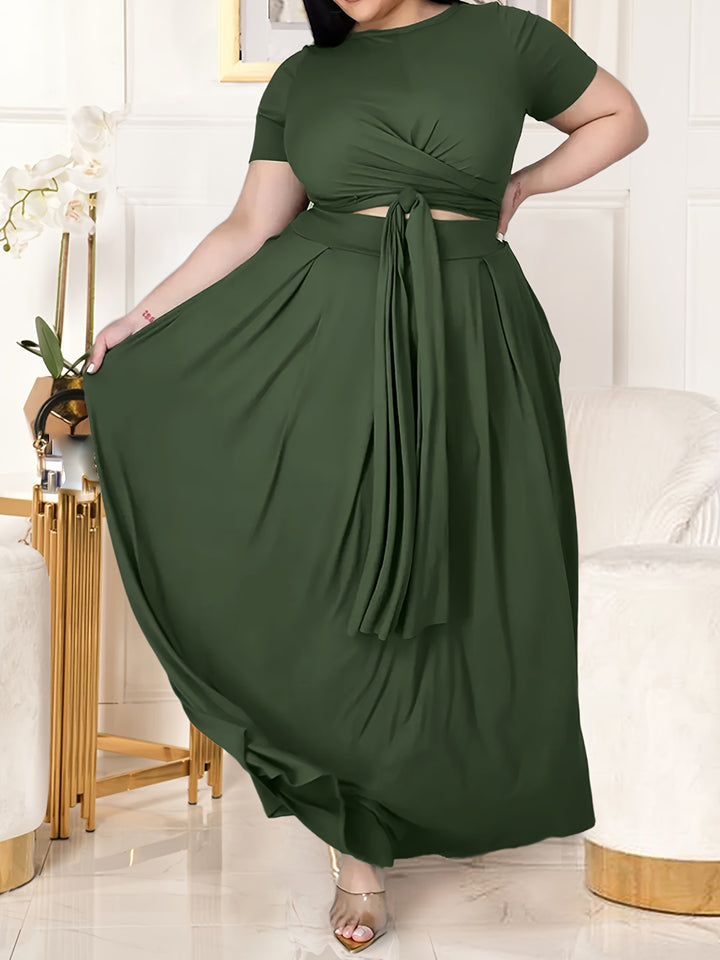 Plus Size Casual Outfits Set, Women's Plus Plain Short Sleeve Crop Top Side Knot & Maxi Skirt Outfits Two Piece Set