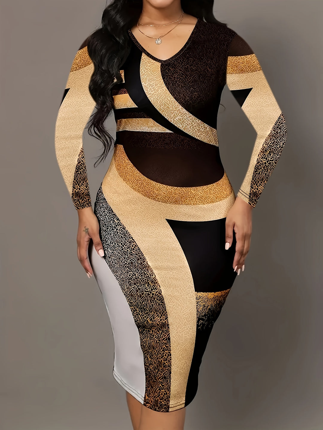 Color Block Long Sleeve Sheath Dress, Casual V Neck Slim Dress For Spring & Fall, Women's Clothing