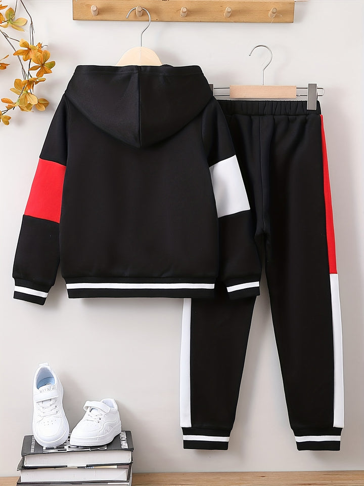 Boy's Color Clash 2pcs, Hooded Jacket & Sweatpants Set, Windproof Casual Outfits, Kids Clothes For Spring Fall