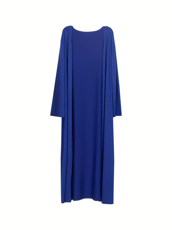 Plus Size Sexy Outfits Two Piece Set, Women's Plus Solid Long Sleeve Open Front Cardigan & Bodycon Tube Dress Outfits Two Piece Set