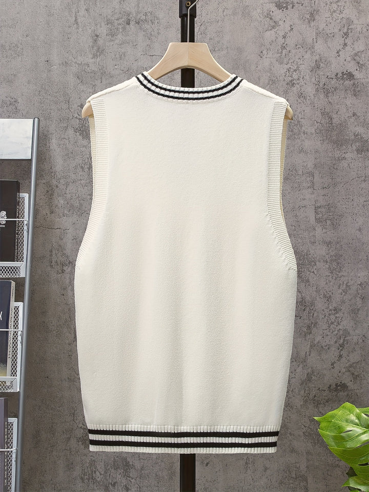 Casual Sleeveless V-Neck Sweaters, Men's Vertical Stripe Knit Vest