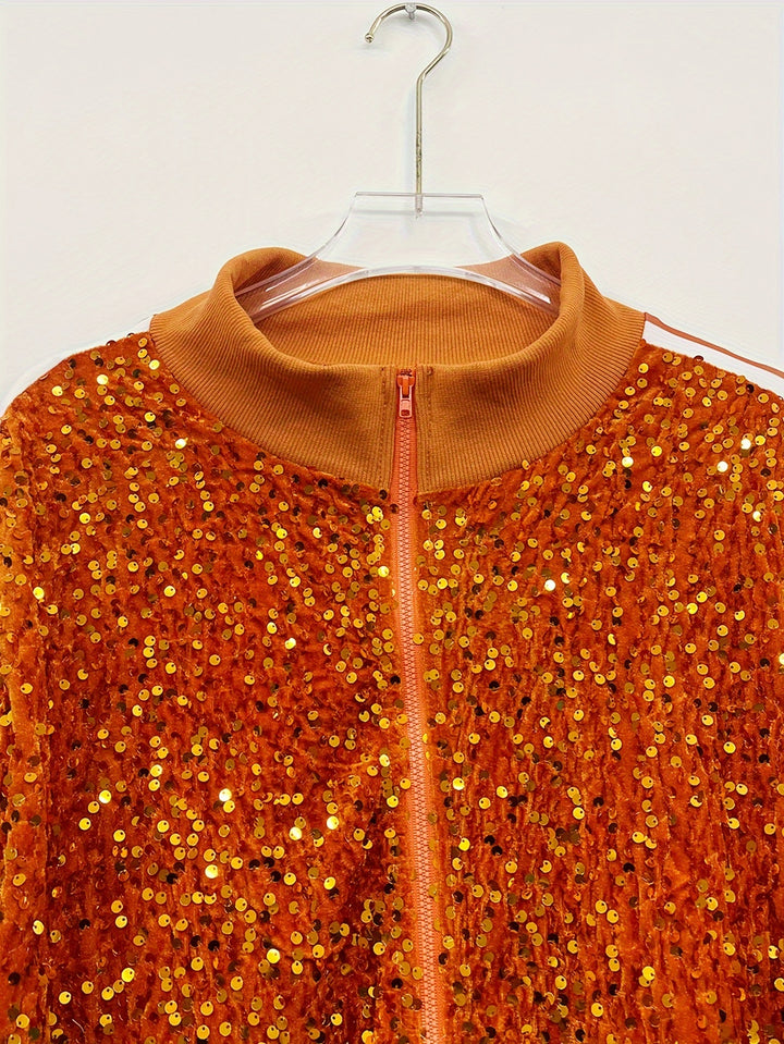Plus Size Sequin Two-piece Set, Zip Front Long Sleeve Top & Pants Outfits, Women's Plus Size Clothing