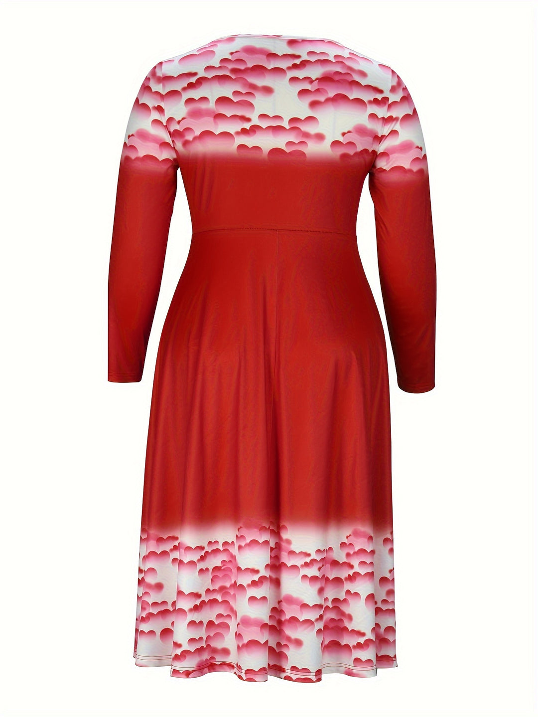 Plus Size Heart Print Dress, Casual V Neck Long Sleeve Dress, Women's Plus Size Clothing