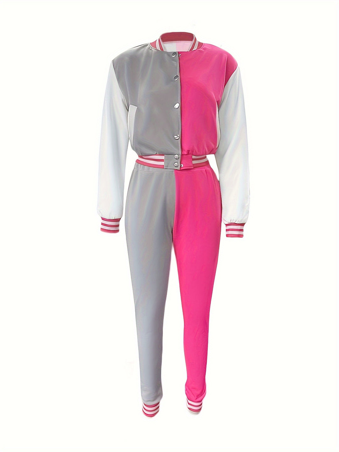 Plus Size Casual Outfits Set, Women's Plus Colorblock Button Up Long Sleeve Mock Neck Crop Coat & Jogger Pants Outfits Two Piece Set