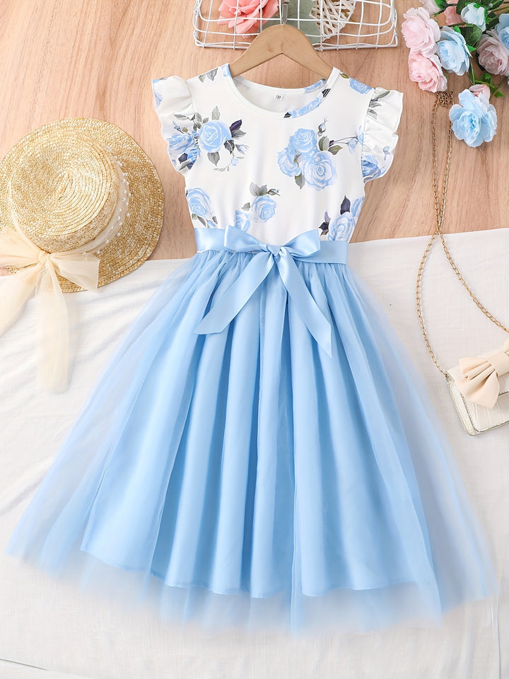 Girls Casual Dress Floral Tulle Stitching Princess Dress For Party Beach Vacation Kids Summer Clothes