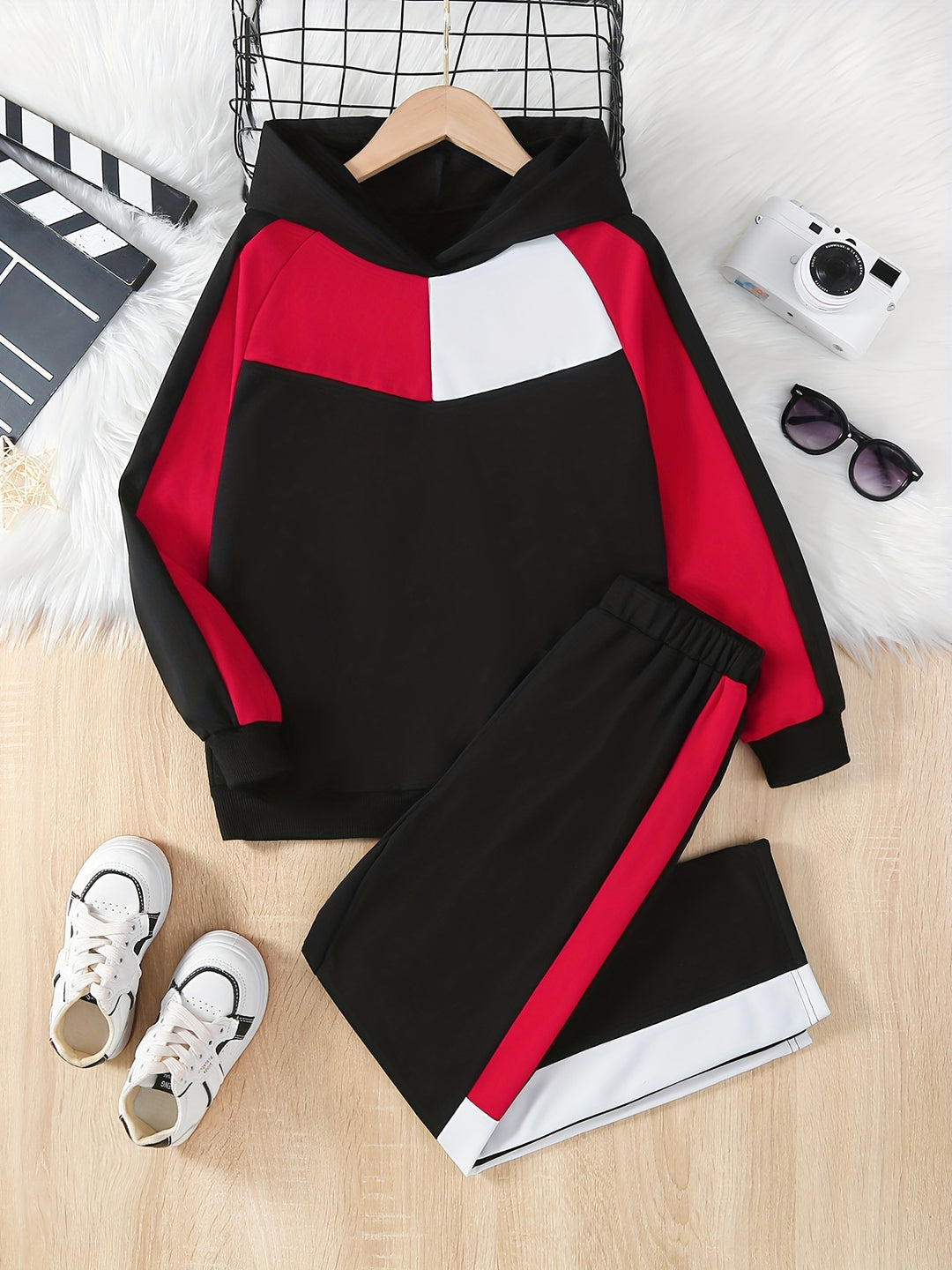 Girls 2pcs Trendy Color Block Hoodies & Splicing Jogger Pants Set, Comfy Set Girls' Sets For Gift, Sports