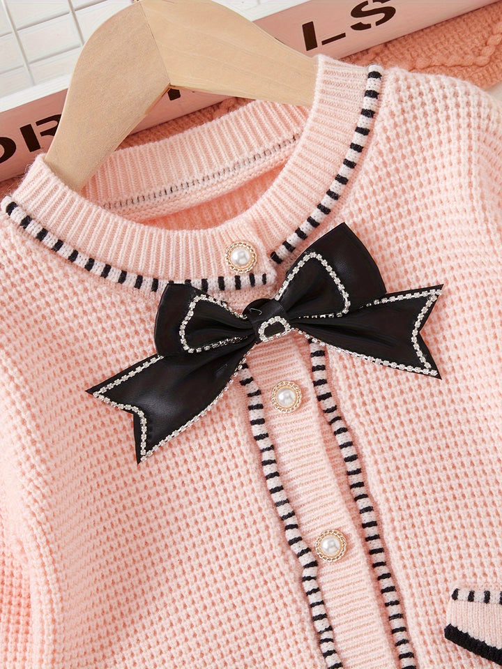 Toddler Girls 2pcs Button Front Bow Knitwear Top + Splicing Pleated Skirt Kids Clothes Fall Gift