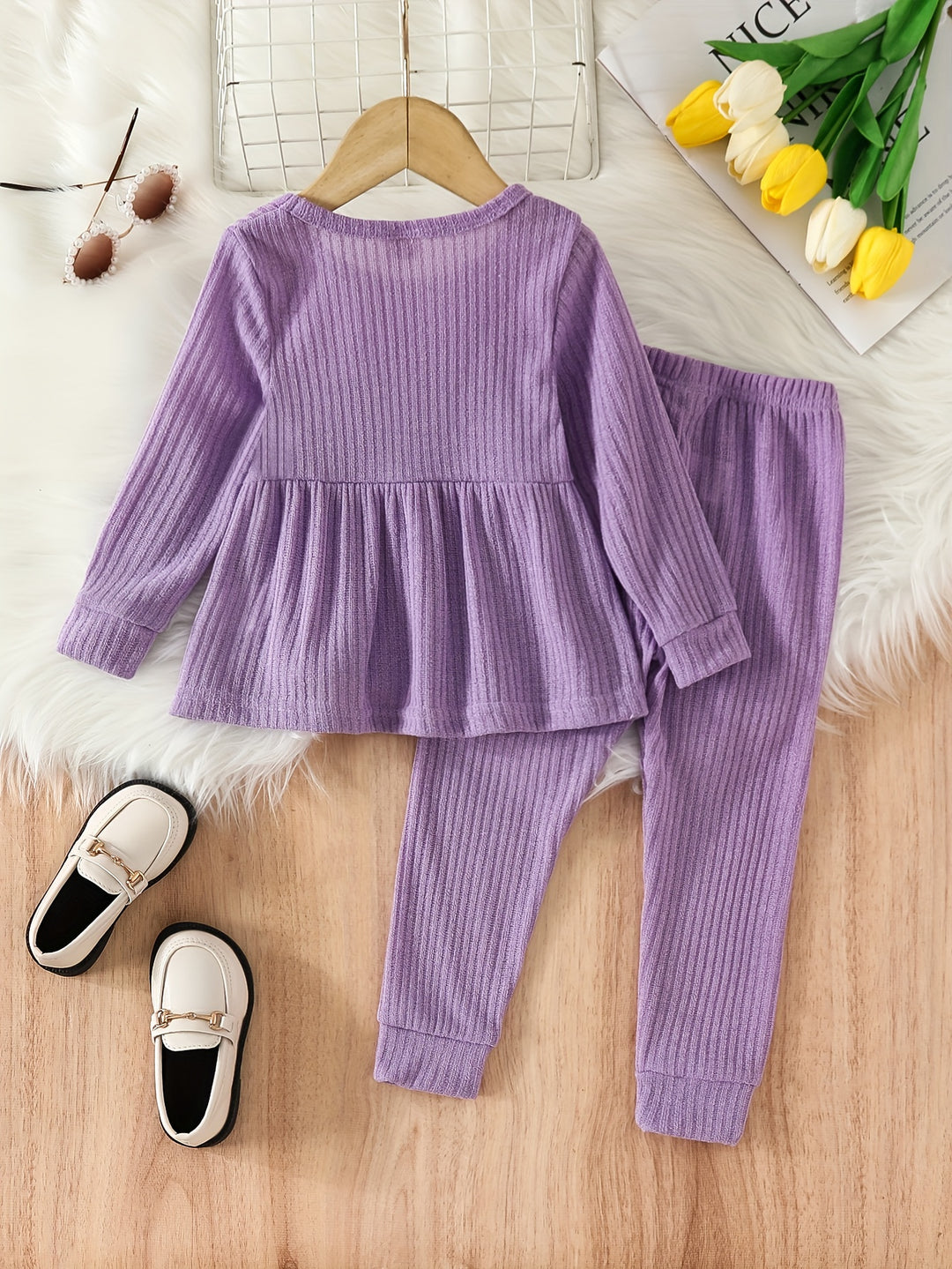Toddler Girls Ribbed Long Sleeve Flared Hem Top + Matching Pants Kids Clothes