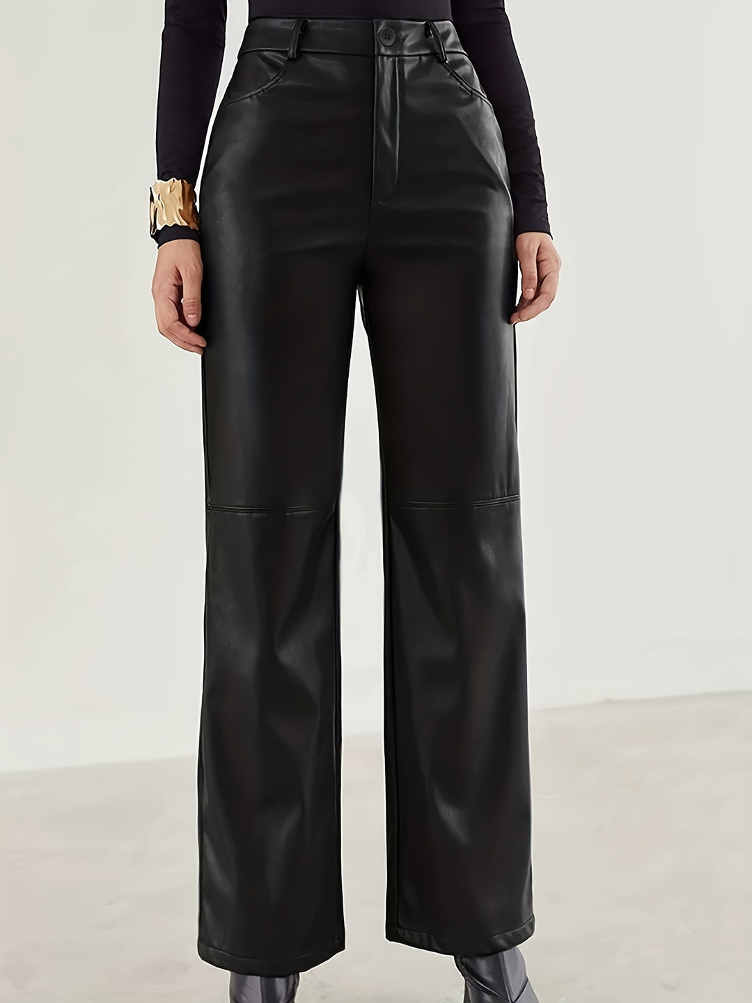 PU Leather Straight Leg Pants, Casual Pocket High Waist Pants, Women's Clothing