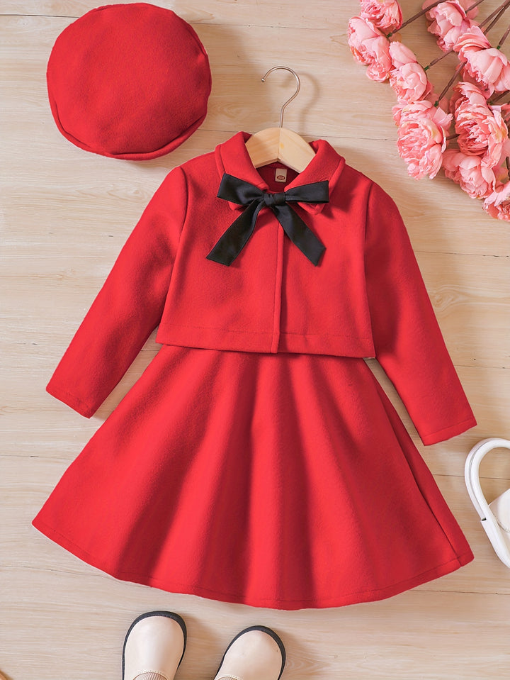 Girl's Elegant Outfit 3pcs, Bowknot Coat & Beret & Tank Dress Set, Kid's Clothes For Spring Autumn Christmas