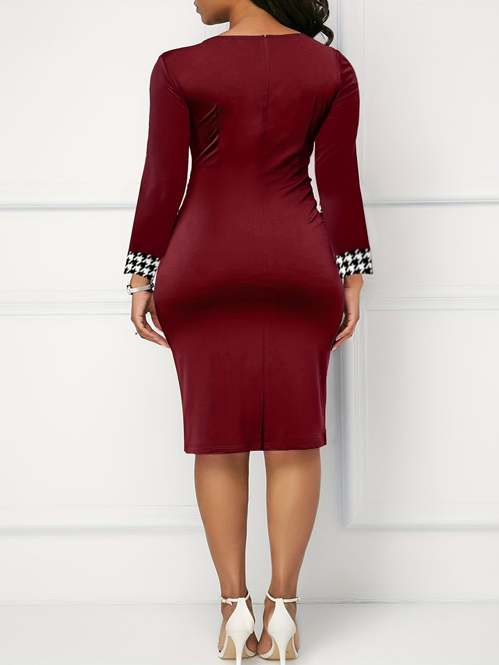 Stylish Plus Size Houndstooth Midi Dress for Women - Colorblock Design and Elegant Details