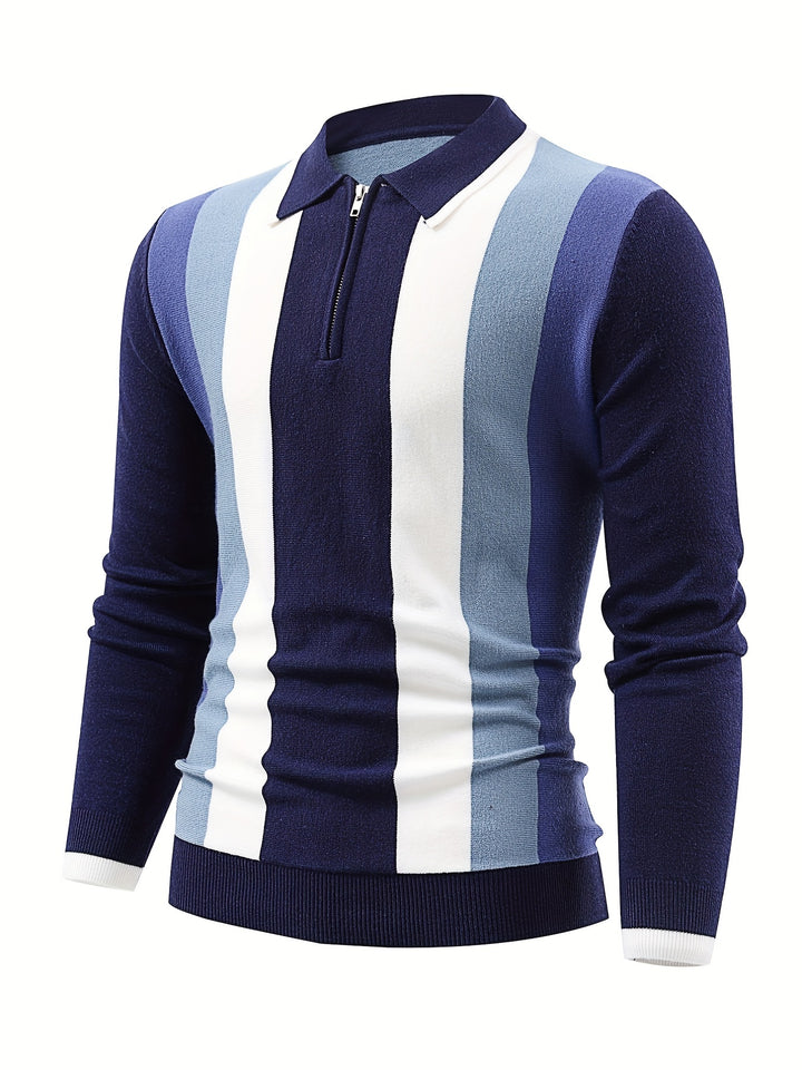 Striped Pattern Chic Knit Shirt, Men's Casual Lapel Slightly Stretch V-Neck Pullover Sweater For Men Winter Fall