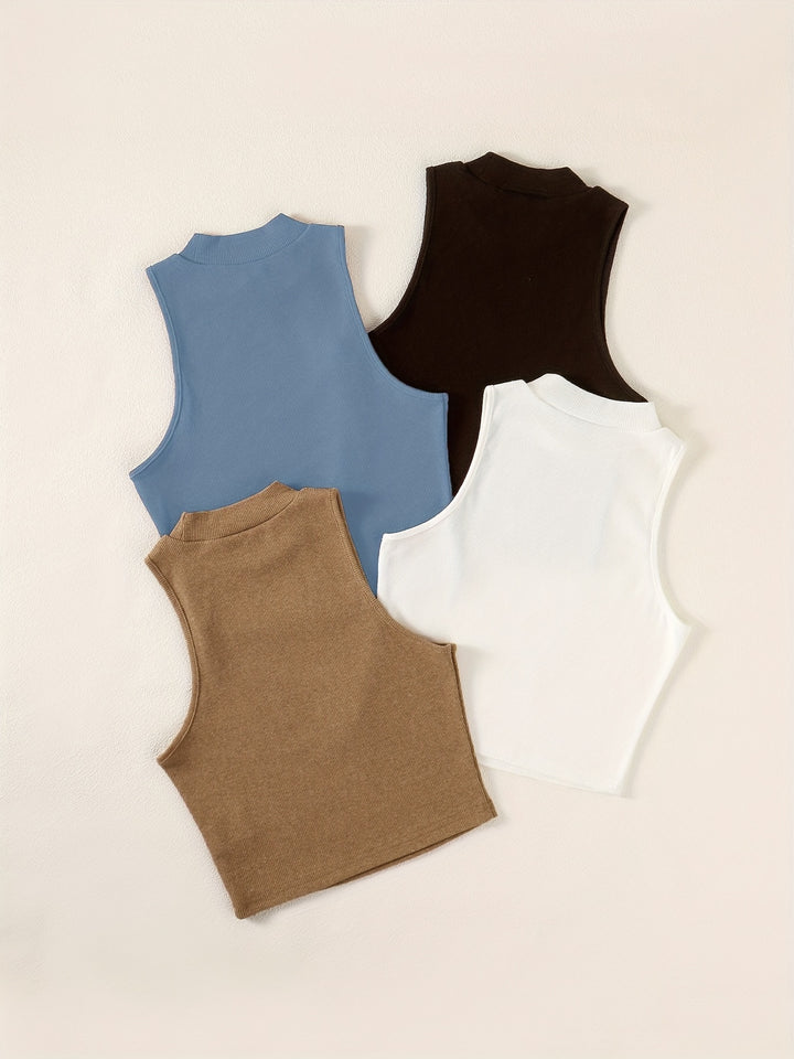 Solid Summer 4pcs Tank Tops, Casual Crew Neck Sleeveless Knit Tank Tops, Women's Clothing
