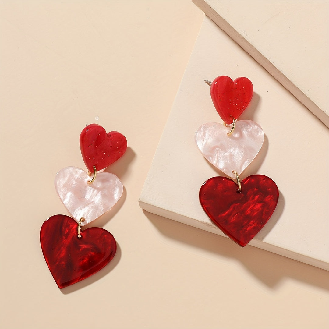 Red & White Heart Design Long Dangle Earrings Cute Y2K Style Acrylic Jewelry Trendy Gift For Lovers TRIO earrings