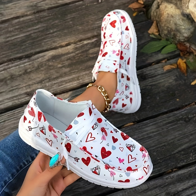Women's Love Pattern Canvas Shoes, Casual Round Toe Low Top Flat Shoes, Valentine's Day Walking Sneakers