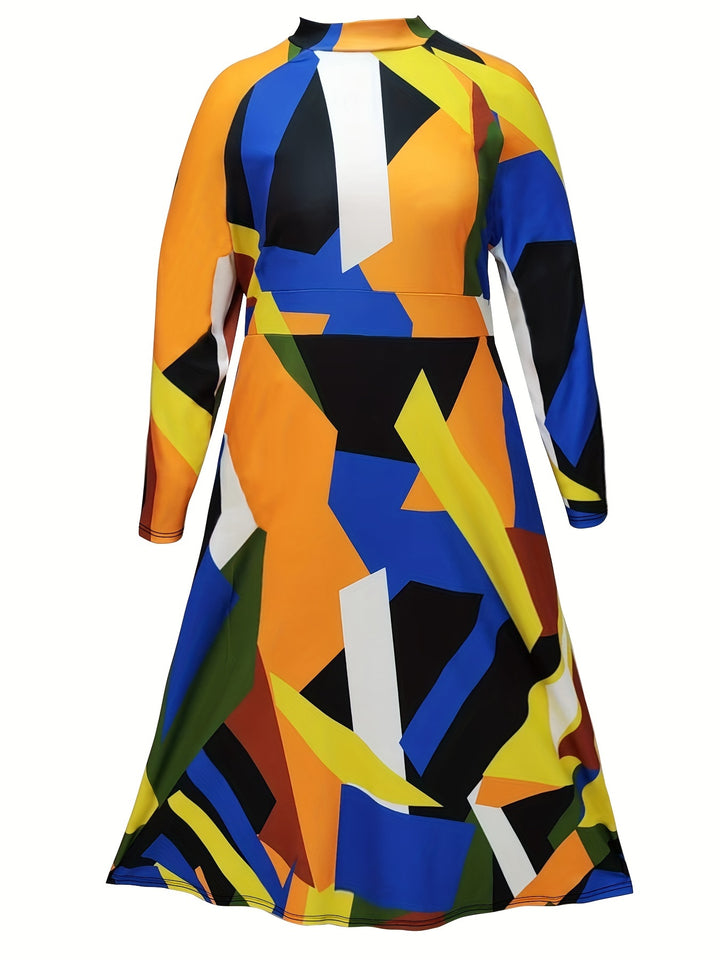 Plus Size Casual Dress, Women's Plus Colorblock Geometric Print Long Sleeve Mock Neck Maxi Dress With Pockets
