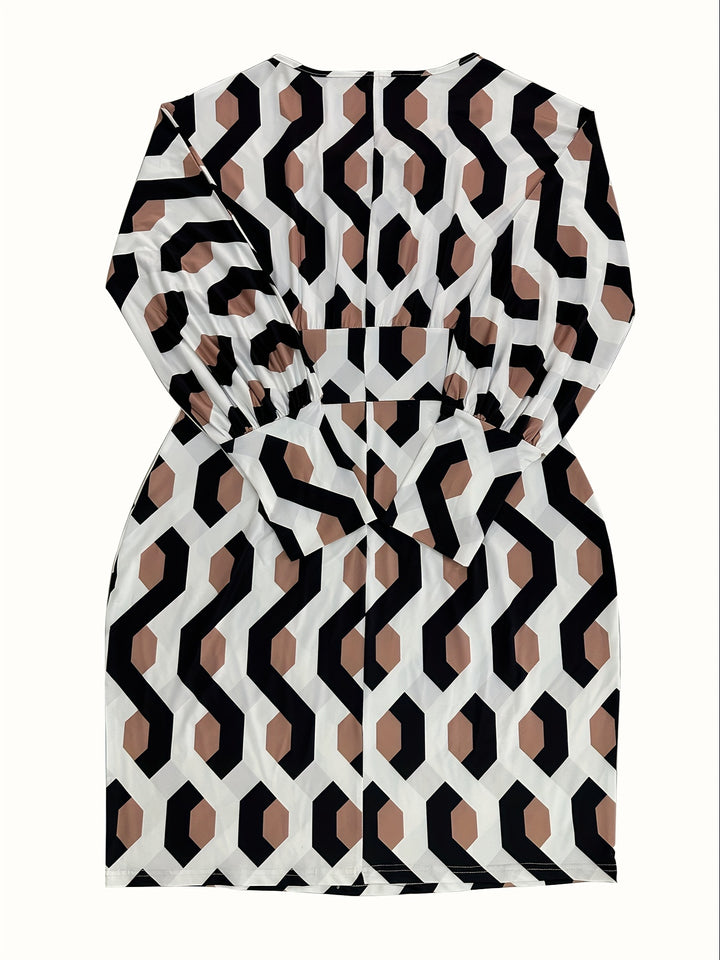 Stylish Plus Size Dress for Women: Colorblock Puff Sleeve Lace Up V Neck Bodycon Dress
