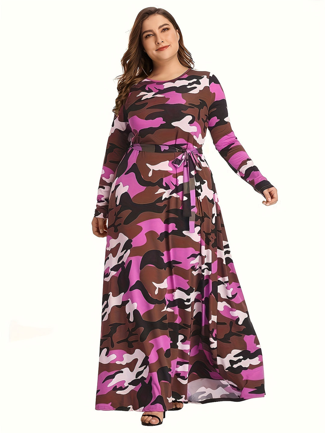 Stylish Plus Size Maxi Dress for Women - Camo Print, Long Sleeve, and Belt Included