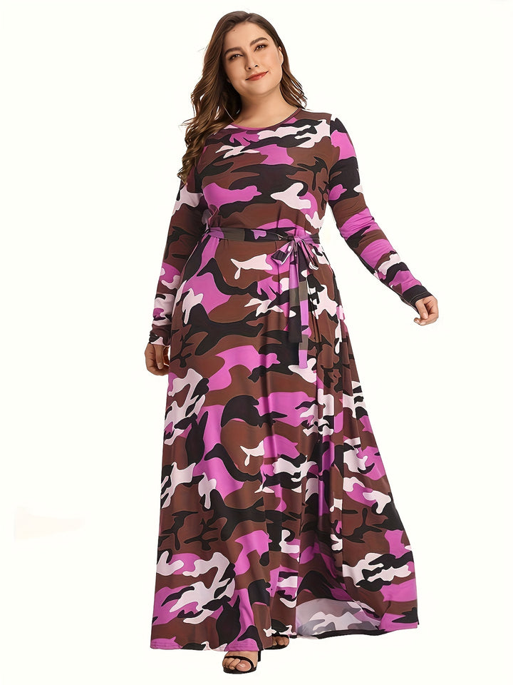 Stylish Plus Size Maxi Dress for Women - Camo Print, Long Sleeve, and Belt Included