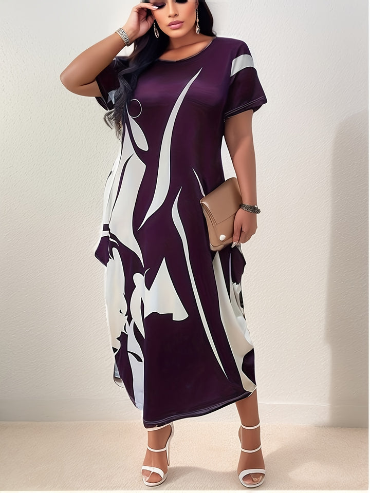 Plus Size Elegant Dress, Women's Plus Abstract Print Short Sleeve Round Neck Baggy Dress