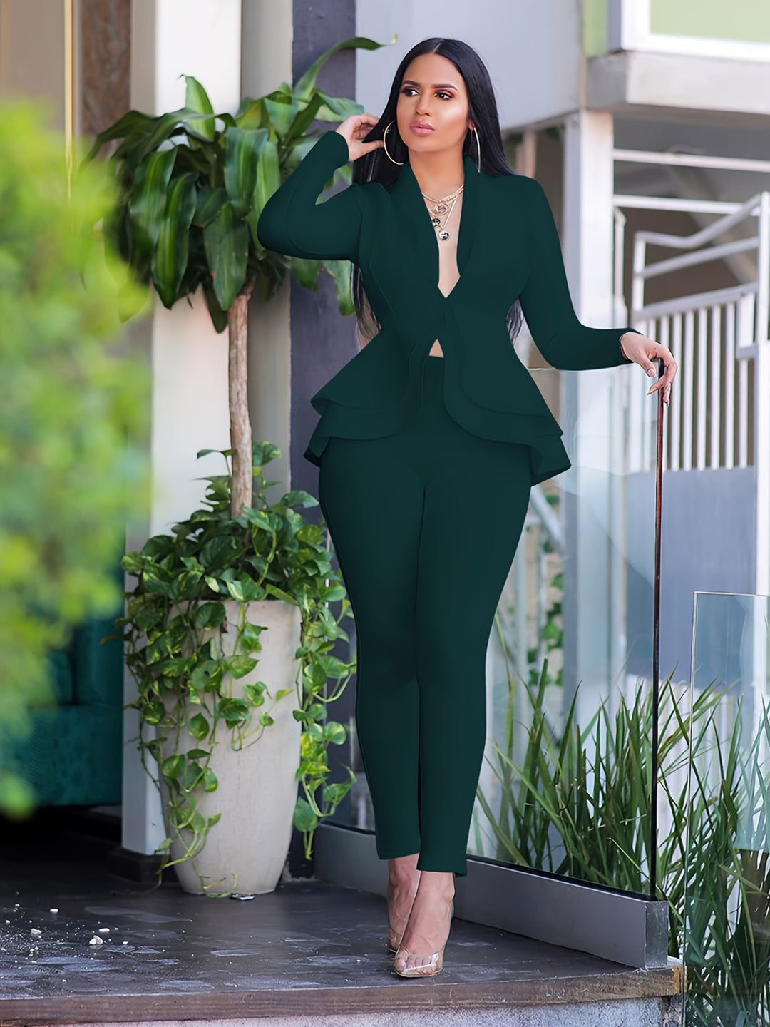 Solid Deep V Neck Long Sleeve Ruffled Hem Tunic Pantsuits, Long Length Bodycon Street Pantsuits, Women's Clothing